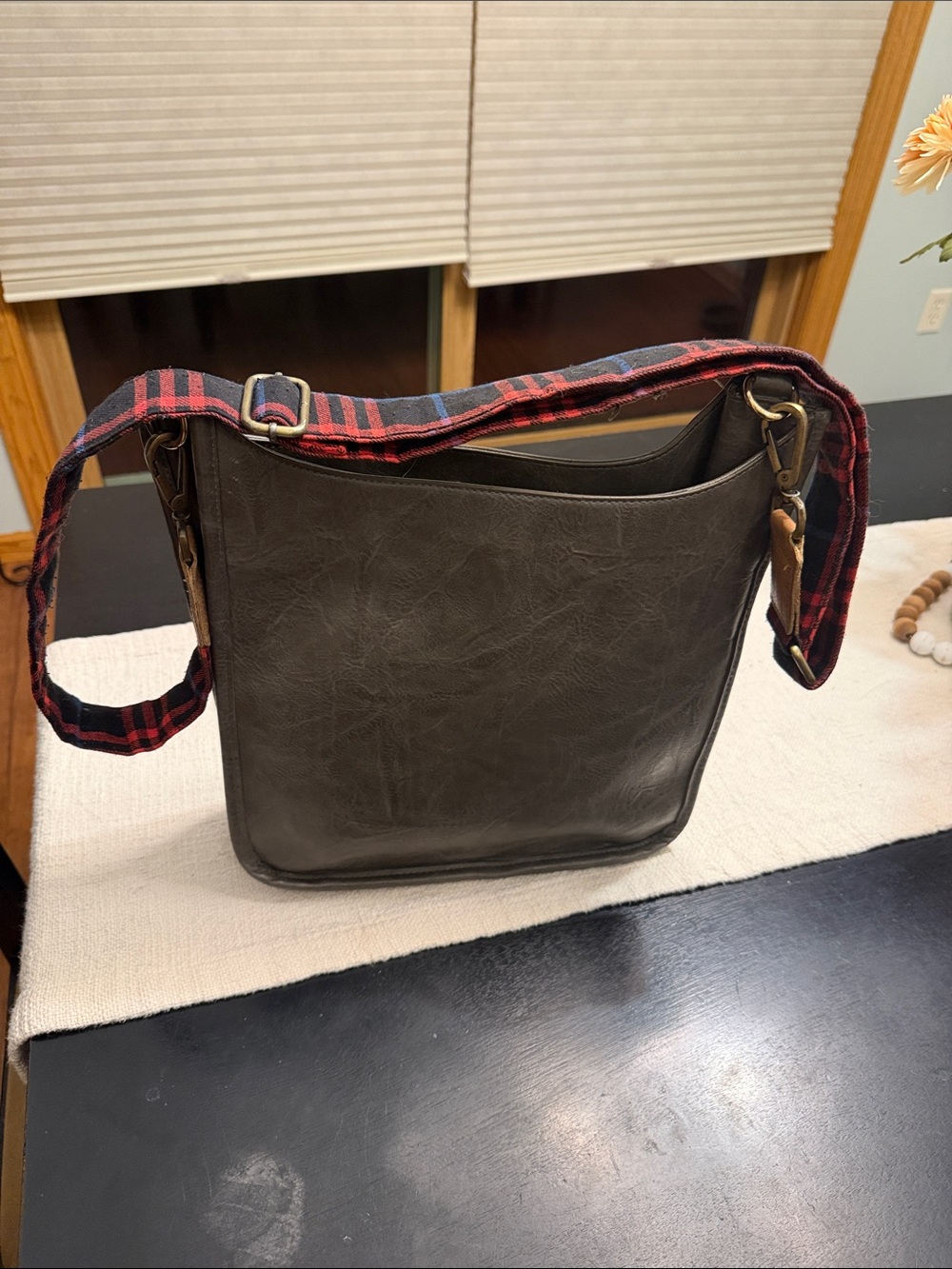 Olive Green Faux Leather Crossbody with Plaid Adjustable Strap